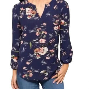 Fun2Fun Kenmore Split Neck un Navy Floral Long‎ Sleeve Rayon Blouse Women's Sz S